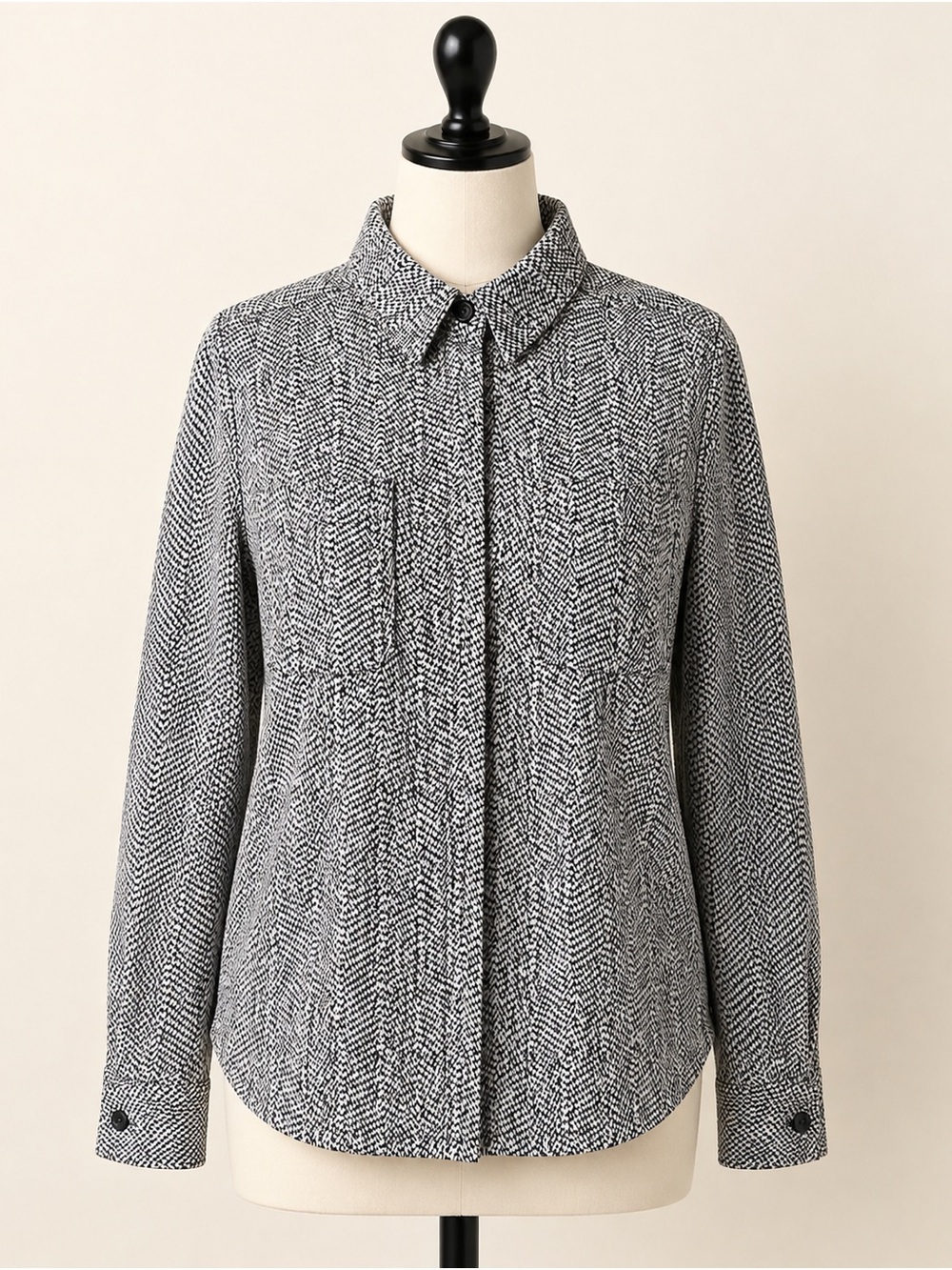Athleta Textured Shirt Jacket Shacket Black White Print Hidden Placket Stretch S